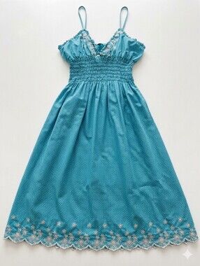 Women's  Turquoise Smocked Sundress with Floral Trim Sz S/M